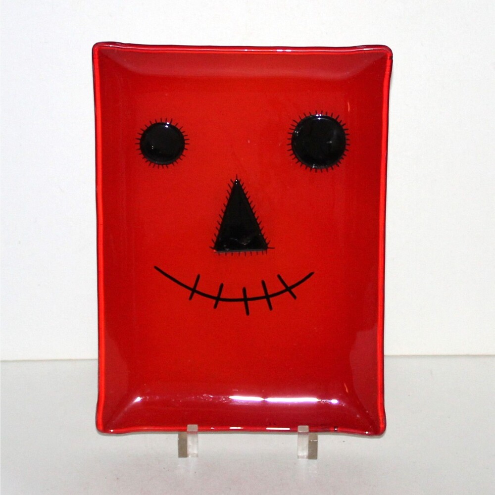 Scarecrow fused Glass Plate tray trinket dish Red Black Halloween home decor